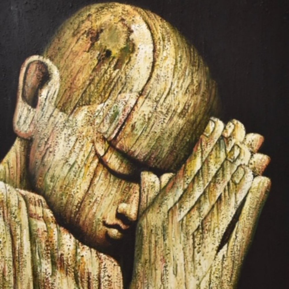 Praying buddhist child oil and stone painting